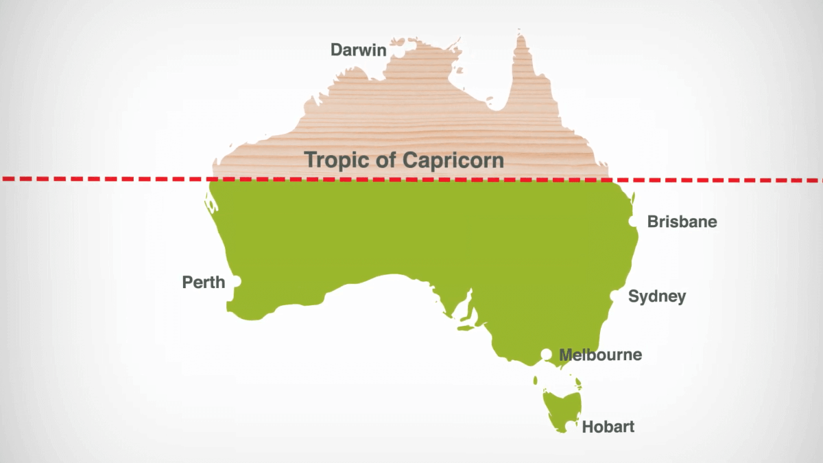 Map showing the Tropic of Capricorn